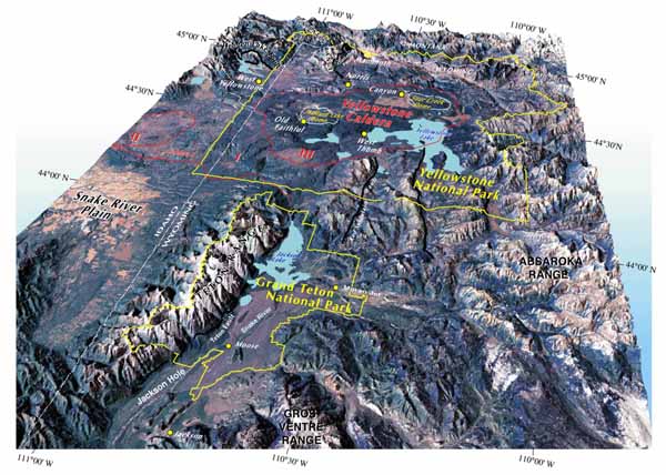 Fig. 1. Space view of Grand Teton and Yellowstone National Parks from LANDSAT satellite imagery overlain on digital elevation data.
